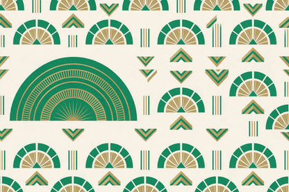 Fächermuster im Stil des Art Deco mit grossem Fächerbogen links und Chevrons, als Wandtuch, auf Stoff gedruckt – Grün, Gold