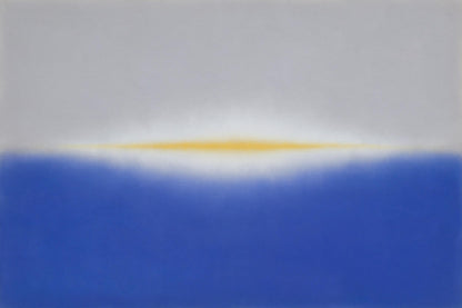 Superficie gris paloma sobre azul ultramar con banda de luz amarilla central, tapiz impreso en tela – azul, gris, amarillo