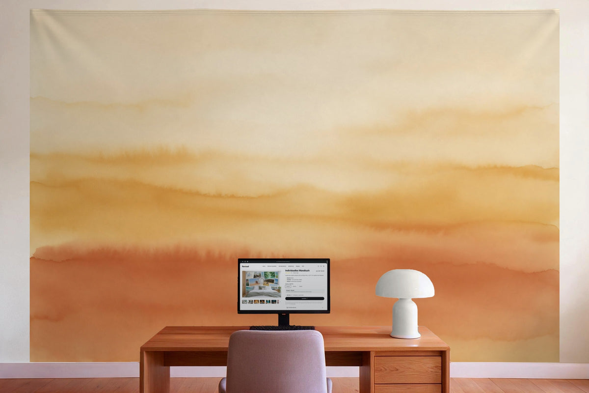 XXL wall tapestry Terracotta and Ochre Gradient as wall decor in a home office behind the desk