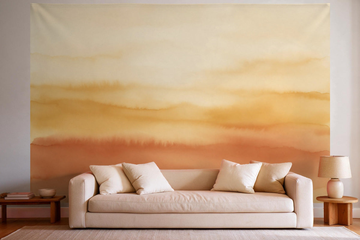 Wall decor in a bright living room above the sofa: printed fabric tapestry Terracotta and Ochre Gradient