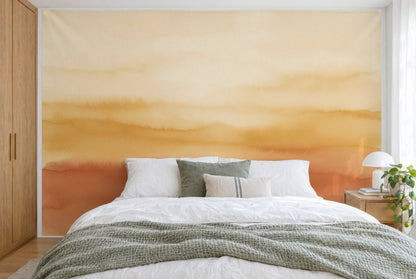 Tela impresa XXL: degradado con terracota intenso abajo y crema claro arriba, pared entera tras la cama