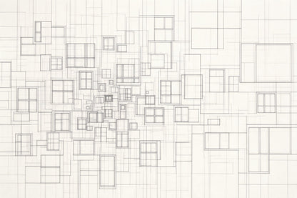 Fassaden-Geometrie aus feinen Linien mit dichten Fensterrastern links, als Wandtuch, auf Stoff gedruckt – Schwarz und Grau