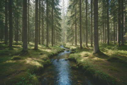Fichtenwald mit klarem Bach und Moosboden in die Tiefe, als Wandtuch, auf Stoff gedruckt – Grün und Blau