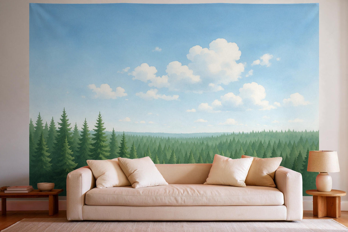 Tapiz de pared XXL Bosque de abetos bajo cúmulos como decoración en un salón luminoso sobre el sofá