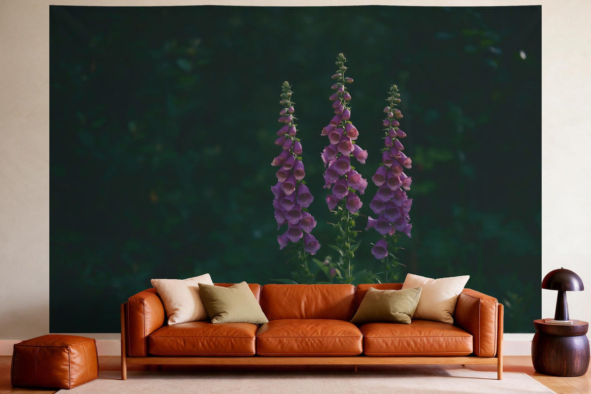 XXL wall tapestry Foxglove on a Dark Background as wall decor in a cosy living room above the leather sofa
