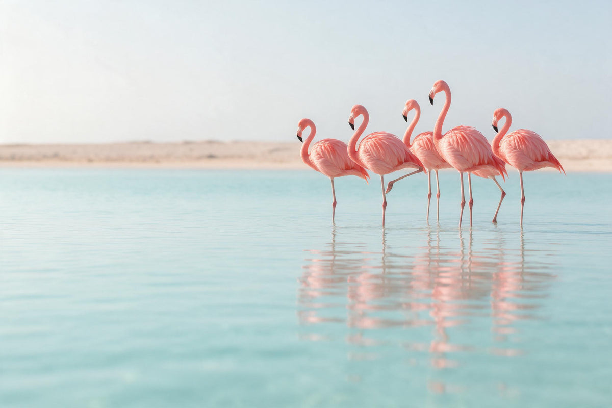 Fünf rosa Flamingos rechts im flachen türkisen Wasser einer Lagune, als Wandtuch, auf Stoff gedruckt – Rosa und Türkis