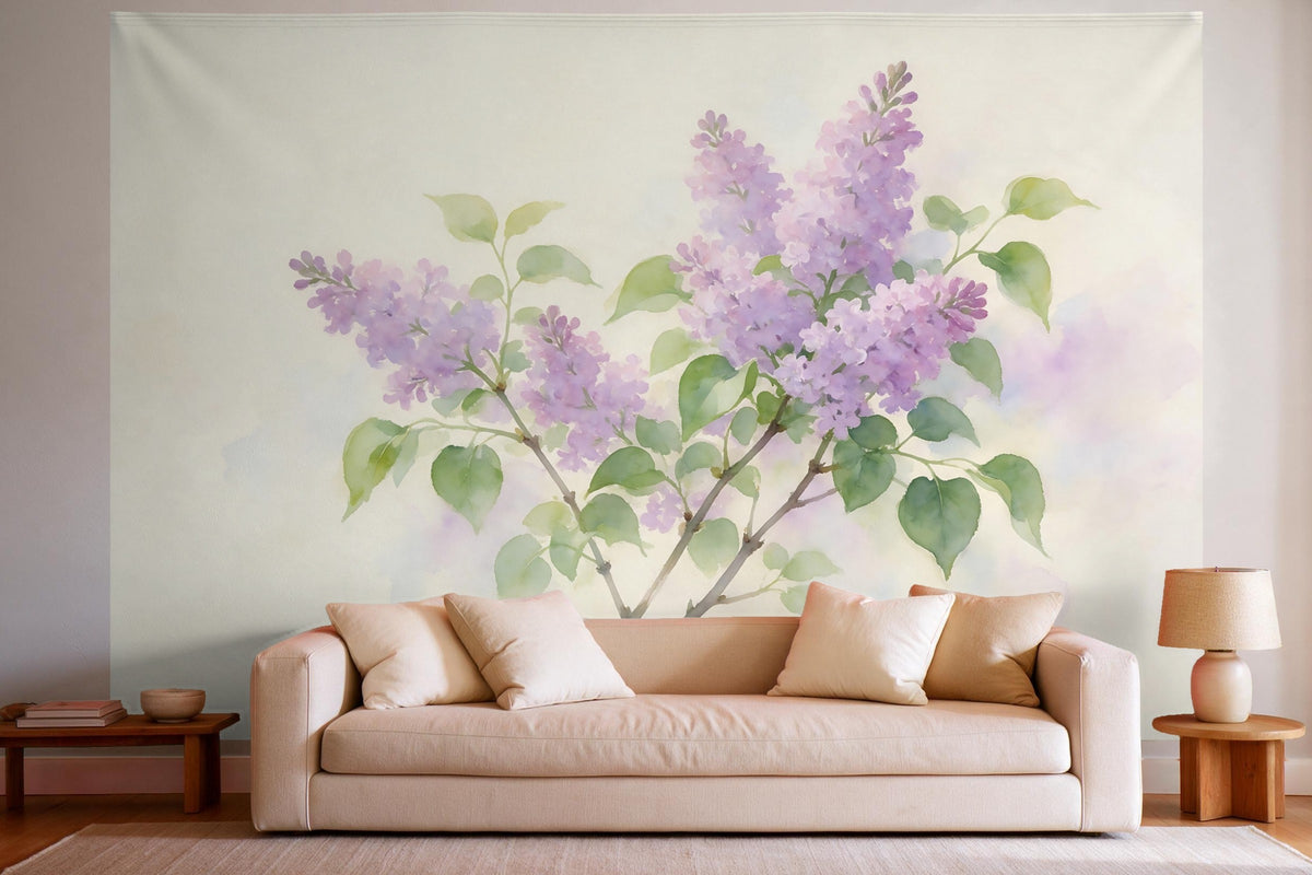 XXL wall tapestry Purple Lilac Branches as wall decor in a bright living room above the sofa