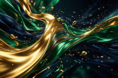 Fluid art en or liquide et vert émeraude avec de fines gouttes sur bleu nuit, tenture murale imprimée sur tissu – or