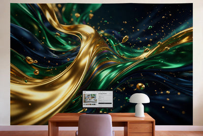 Wall decor in a home office behind the desk: printed fabric tapestry Fluid Art in Gold and Blue