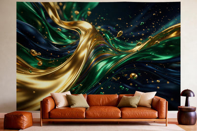 XXL wall tapestry Fluid Art in Gold and Blue as wall decor in a cosy living room above the leather sofa
