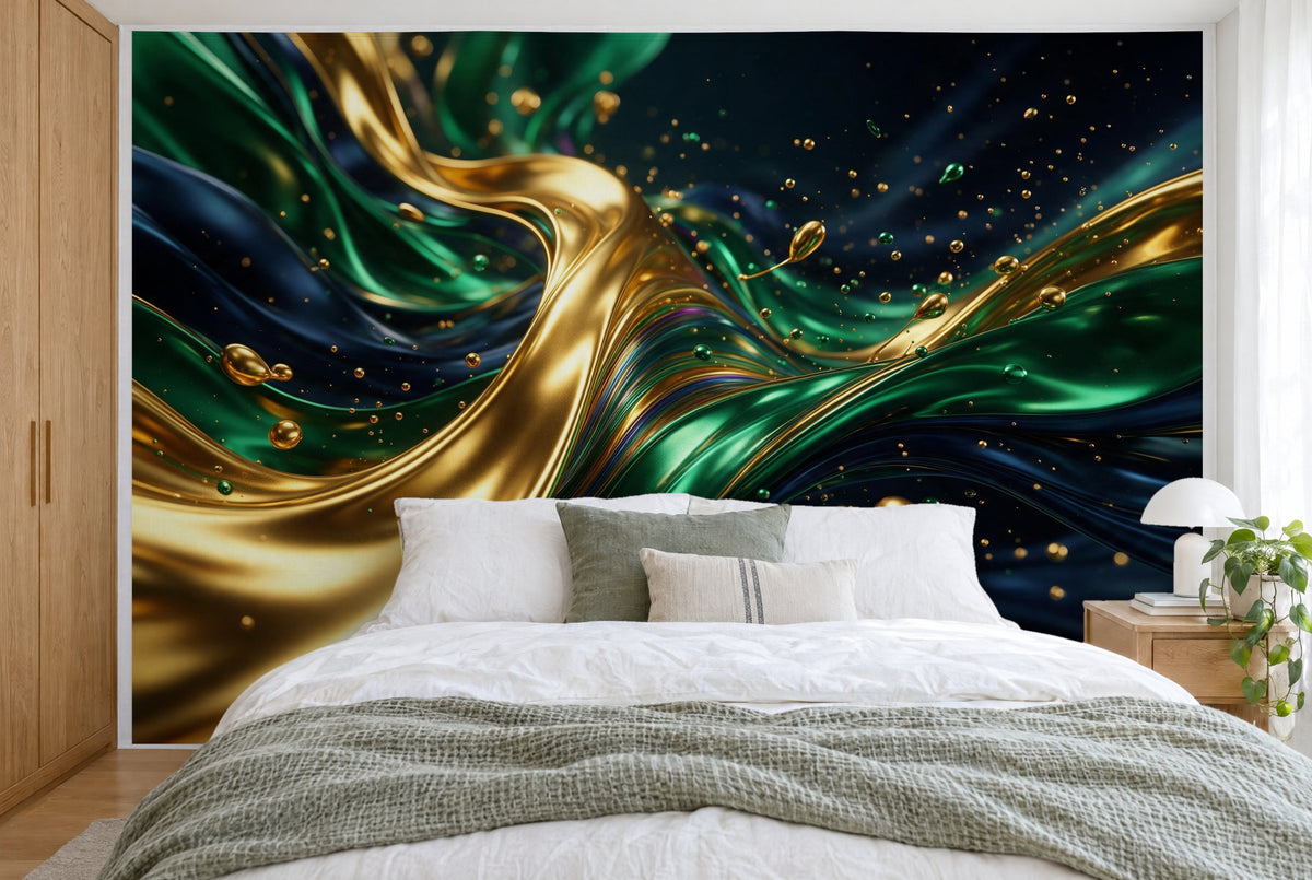 Tissu imprimé XXL : vague dorée à gauche, à droite rubans vert émeraude et gouttes, mur entier derrière le lit