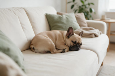 French bulldog dozing on a cream sofa in front of a sage green cushion, tapestry printed on fabric – cream and green