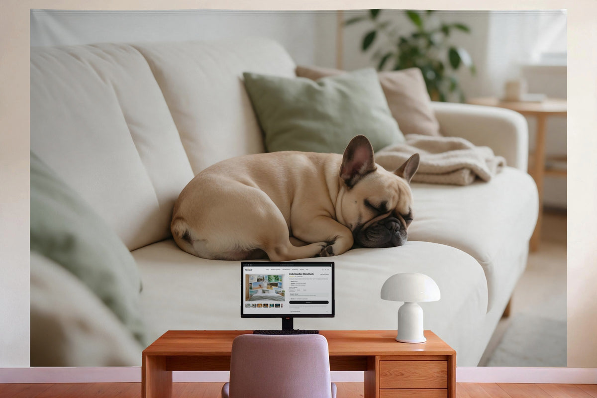 Wanddeko im Büro hinter dem Schreibtisch: Wandtuch Französische Bulldogge auf dem Sofa, auf Stoff gedruckt
