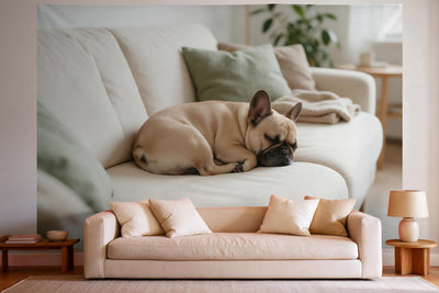 Tenture murale XXL Bouledogue français sur le canapé en déco murale dans un salon lumineux au-dessus du canapé