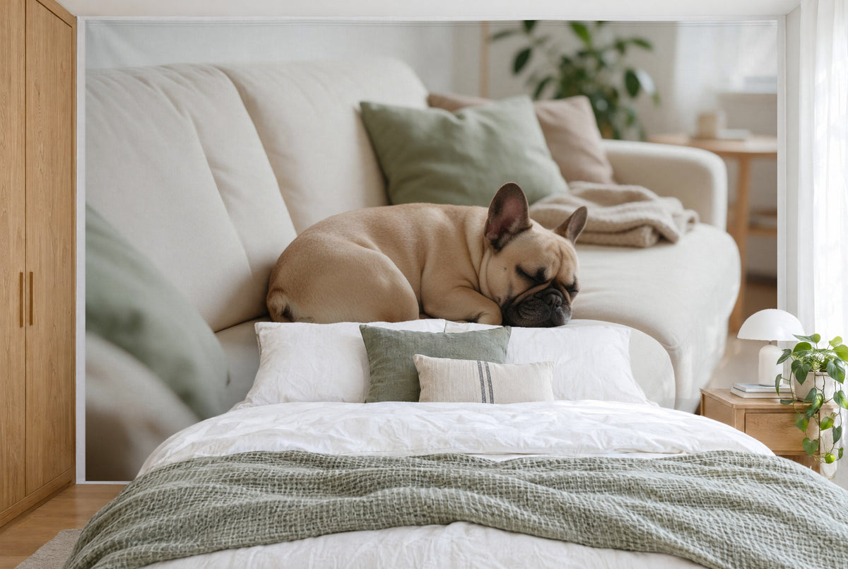 Bedruckter Stoff im XXL-Format: dösende Bulldogge mittig auf hellem Sofa, links grüne Kissen, wandfüllend hinter dem Bett