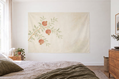 Pomegranate fresco tapestry with leaves in the bright bedroom opposite the bed, wooden dresser at right – beige