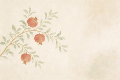 Fresco with a pomegranate branch, three red fruits and green leaves at left, tapestry printed on fabric – red and green
