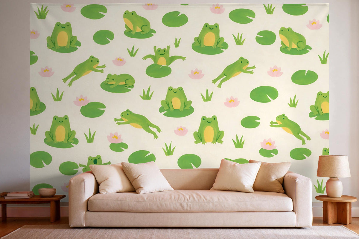 Decoración de pared en un salón luminoso sobre el sofá: tapiz de tela Ranas como estampado