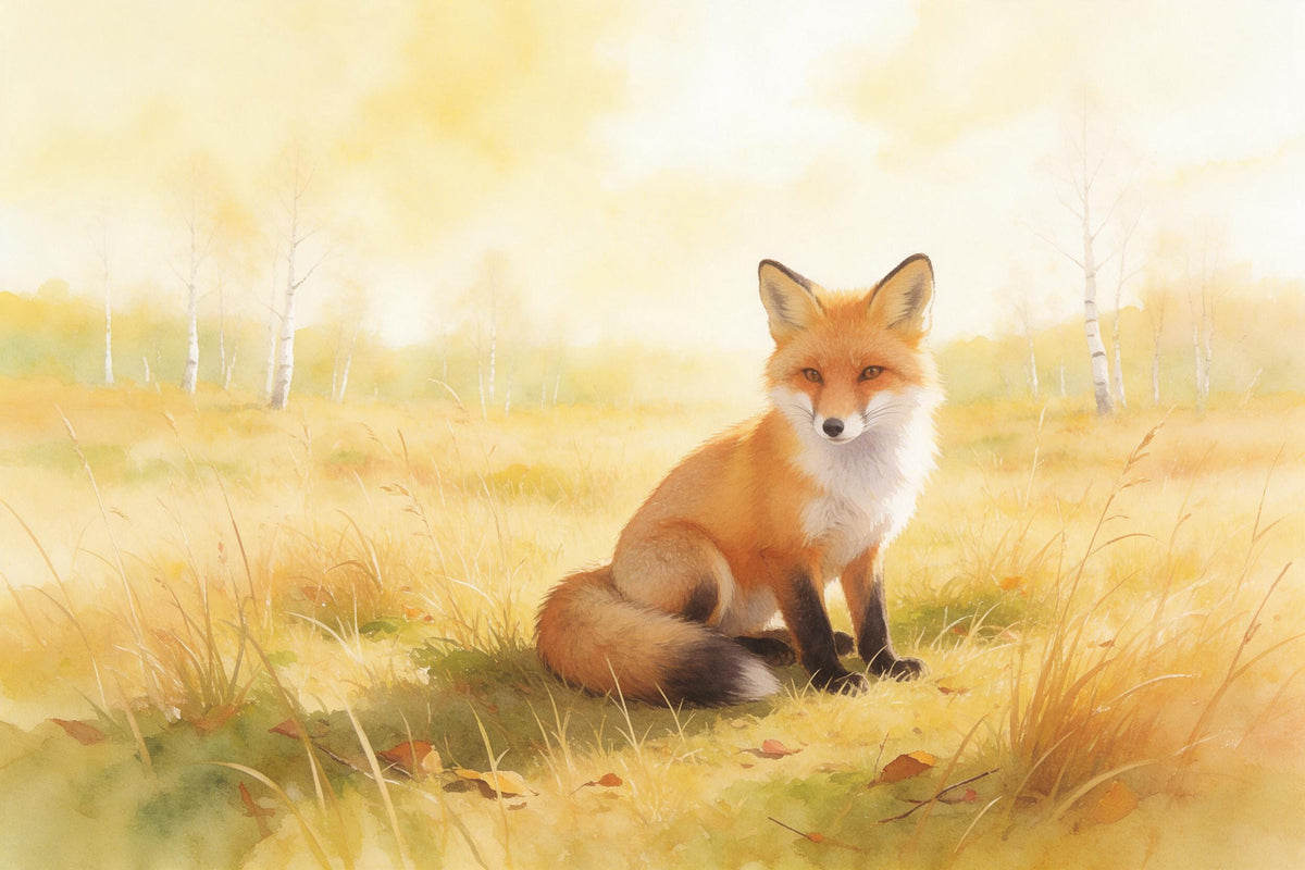 Roter Fuchs sitzt in goldener Herbstwiese vor zarten Birken, in Aquarell, als Wandtuch, auf Stoff gedruckt – Rot und Gelb
