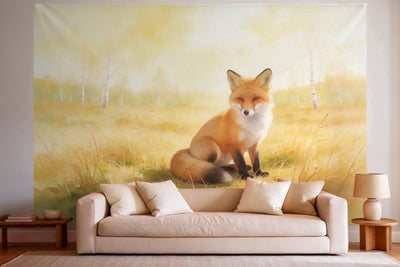 Tapiz de pared XXL Zorro en la pradera otoñal en acuarela como decoración en un salón luminoso sobre el sofá