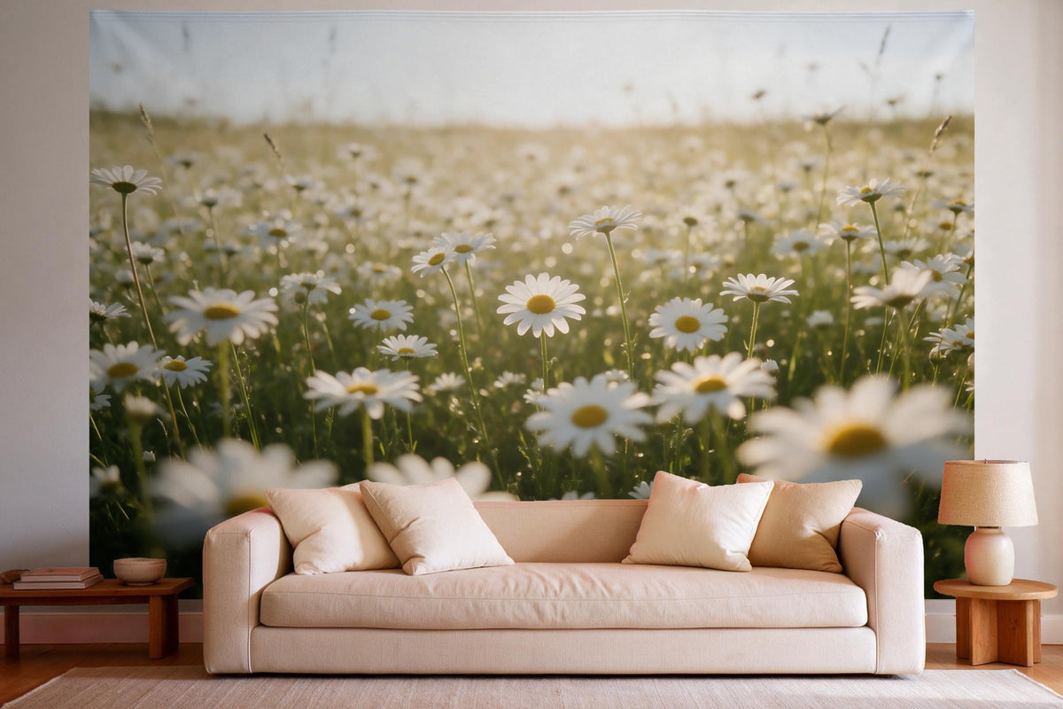 Wandtuch XXL Gänseblümchenwiese im Gegenlicht als Wanddeko im hellen Wohnzimmer über dem Sofa