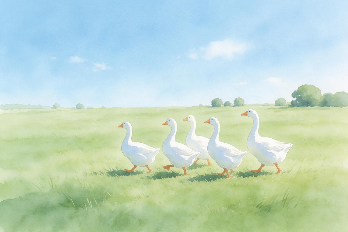 Gansos en prado verde con cielo azul claro en blanco y verde, tapiz impreso en tela – blanco, verde y azul
