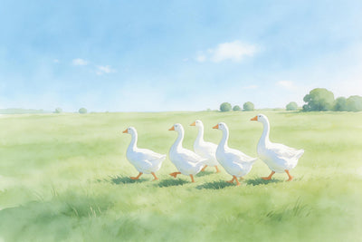Gansos en prado verde con cielo azul claro en blanco y verde, tapiz impreso en tela – blanco, verde y azul