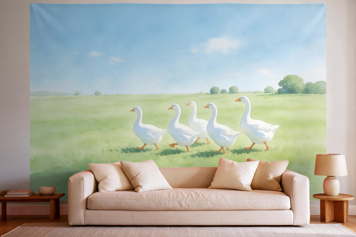 Wandtuch XXL Gänseschar auf der Wiese als Wanddeko im hellen Wohnzimmer über dem Sofa