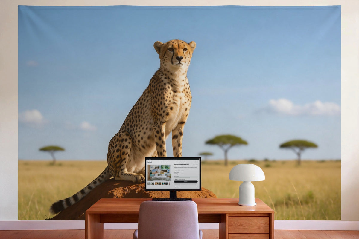 Wanddeko im Büro hinter dem Schreibtisch: Wandtuch Gepard auf dem Termitenhügel, auf Stoff gedruckt