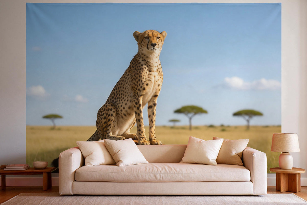 Wandtuch XXL Gepard auf dem Termitenhügel als Wanddeko im hellen Wohnzimmer über dem Sofa