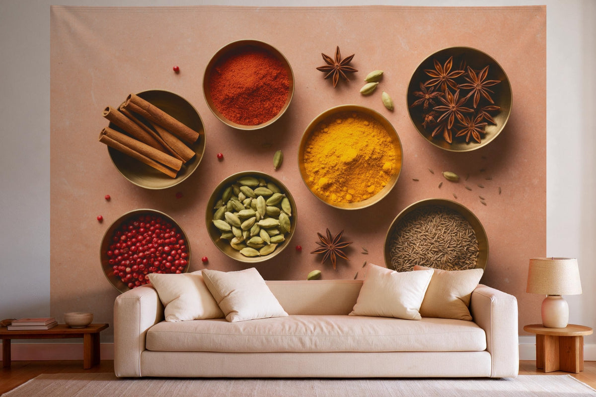 XXL wall tapestry Spice Bowls from Above as wall decor in a bright living room above the sofa