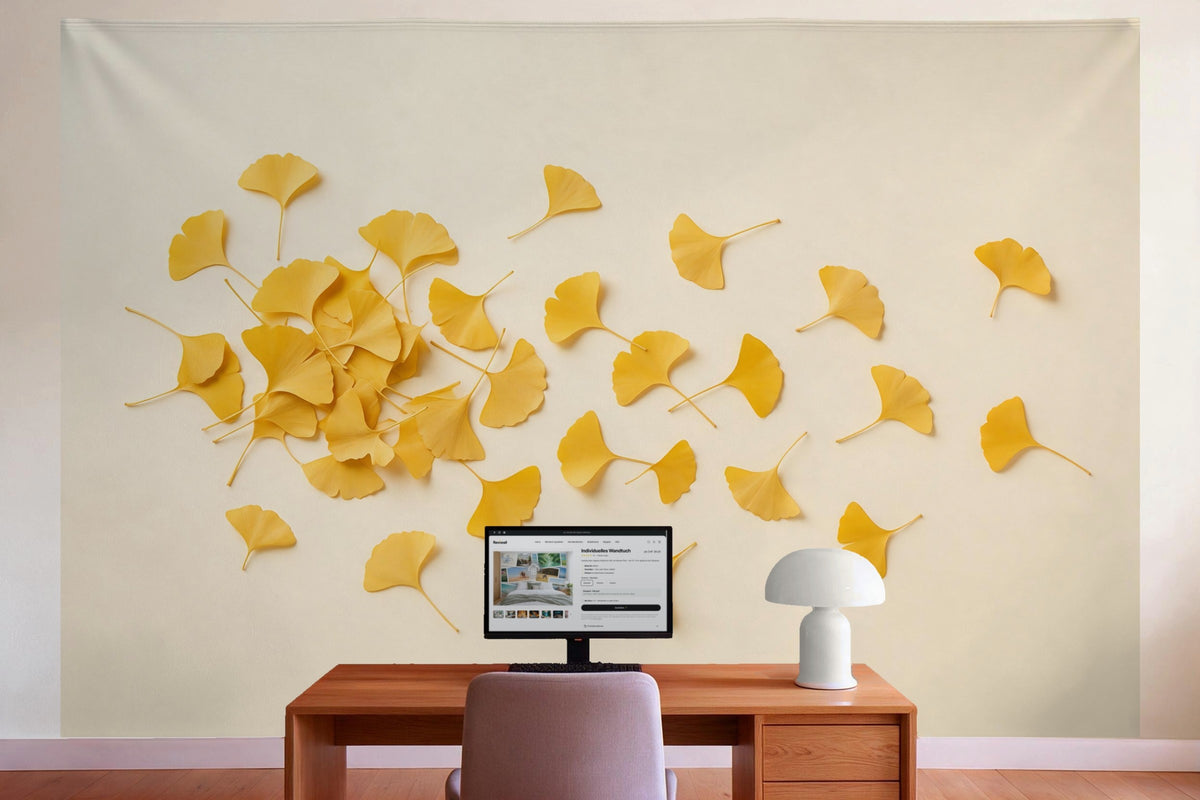 Tapiz de pared XXL Hojas de ginkgo doradas como decoración en la oficina detrás del escritorio