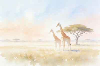 Two giraffes beside an acacia in a pale watercolor savanna under a soft morning sky, tapestry printed on fabric