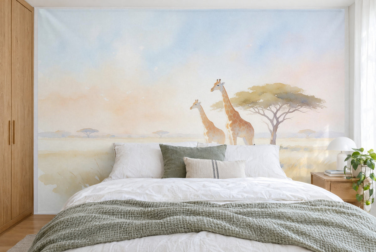 Large wall hanging Giraffes Under Acacias in Watercolor in the bedroom, wall-filling behind the bed – printed tapestry