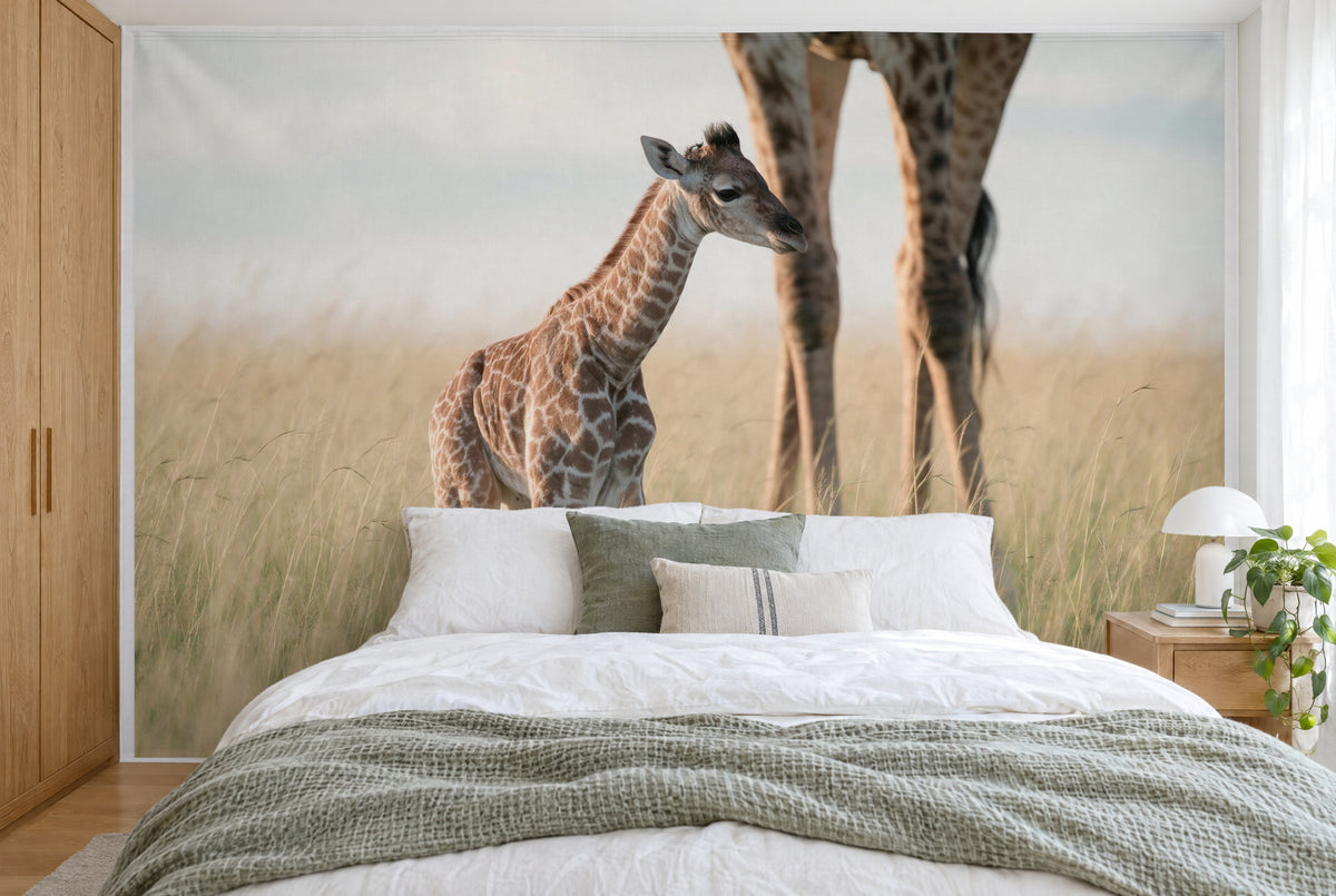 Tissu imprimé XXL : bébé girafe à gauche dans les hautes herbes, les pattes de sa mère à droite, mur entier derrière le lit