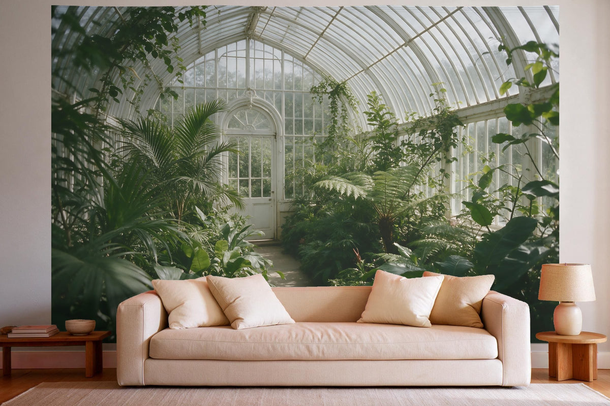 Tapiz de pared XXL Antiguo invernadero de cristal lleno de plantas verdes como decoración en un salón luminoso sobre el sofá