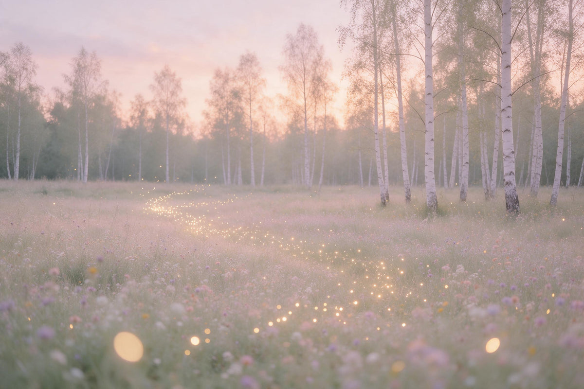 Glühwürmchen über der Abendwiese am Birkenwald als Wandtuch, auf Stoff gedruckt – rosa Himmel und goldene Lichtpunkte
