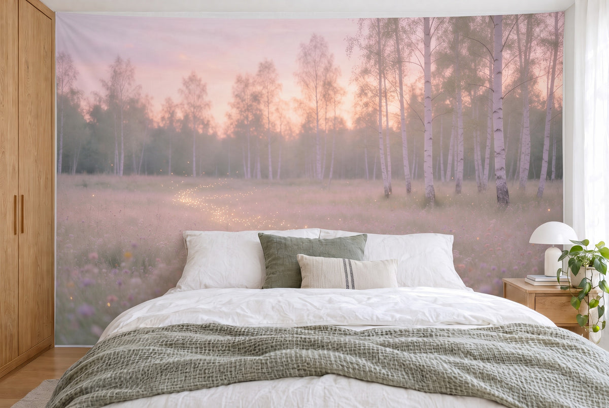 Bedruckter Stoff im XXL-Format: Blumenwiese mit Glühwürmchen vor Birkenstämmen, wandfüllend hinter weissem Doppelbett