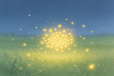 Goldgelbe Glühwürmchen über grüner Sommerwiese unter nachtblauem Himmel, als Wandtuch, auf Stoff gedruckt – Gelb und Blau
