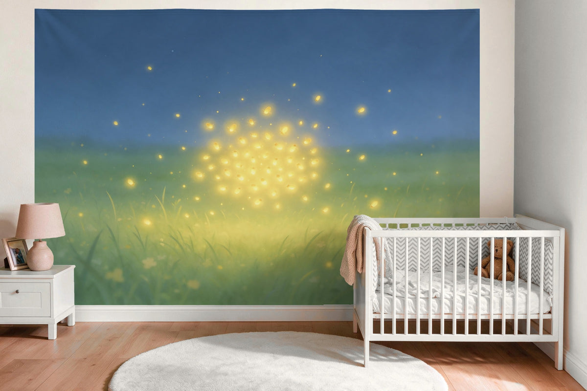 Wandtuch XXL Glühwürmchen über der Sommerwiese als Wanddeko im Babyzimmer über dem Babybett