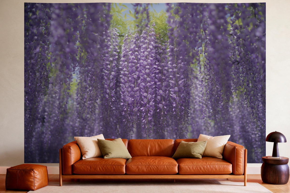 XXL wall tapestry Wisteria Flower Curtain as wall decor in a cosy living room above the leather sofa