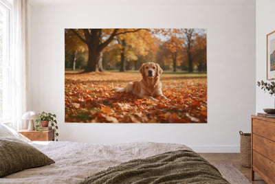 Golden retriever autumn leaves tapestry in a bright bedroom opposite the bed, wooden dresser on the right – gold and orange