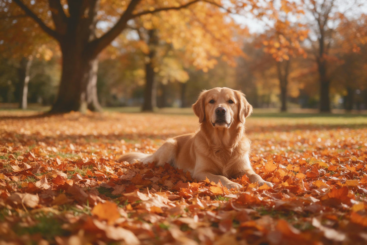 Golden retriever lying relaxed in golden autumn leaves under old park trees, tapestry printed on fabric – orange