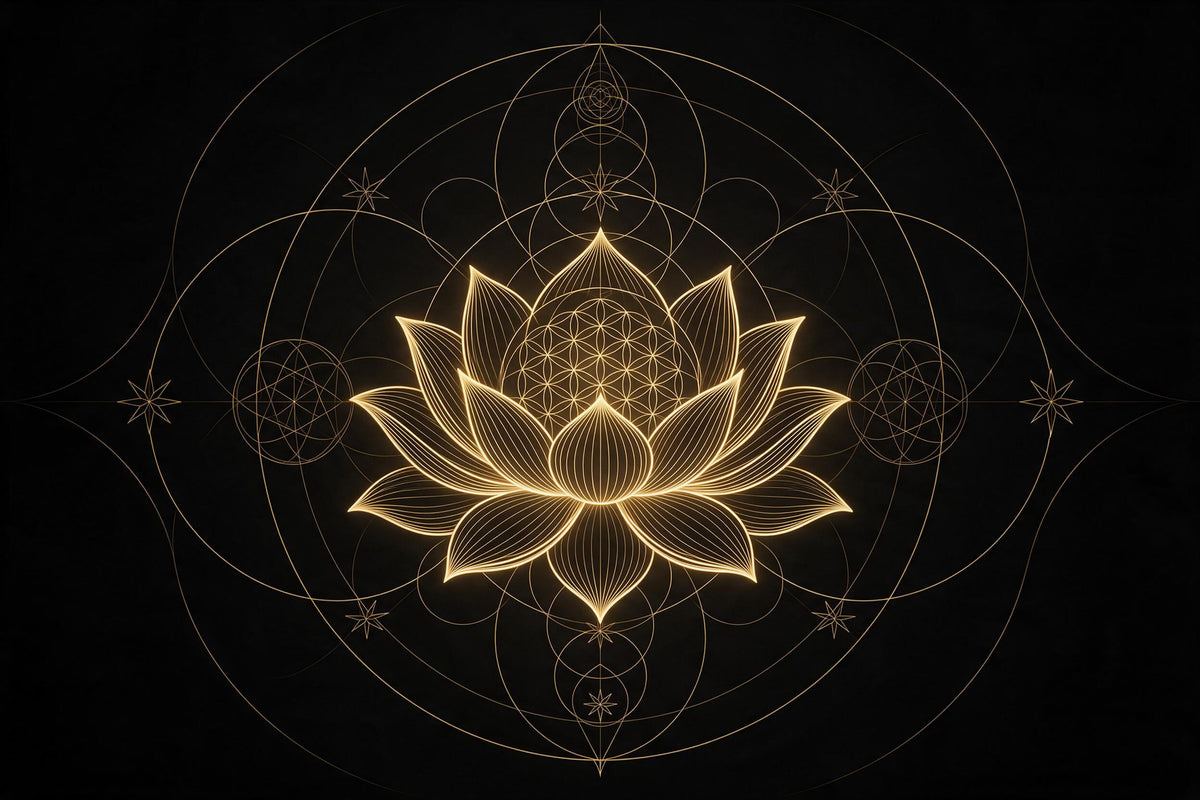 Lotus doré aux lignes fines avec géométrie sacrée sur noir profond, tenture murale imprimée sur tissu – or