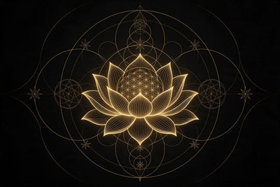Lotus doré aux lignes fines avec géométrie sacrée sur noir profond, tenture murale imprimée sur tissu – or