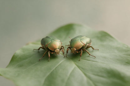 Zwei grüngoldene Käfer nebeneinander auf einem breiten grünen Blatt, als Wandtuch, auf Stoff gedruckt – Grün, Gold und Beige