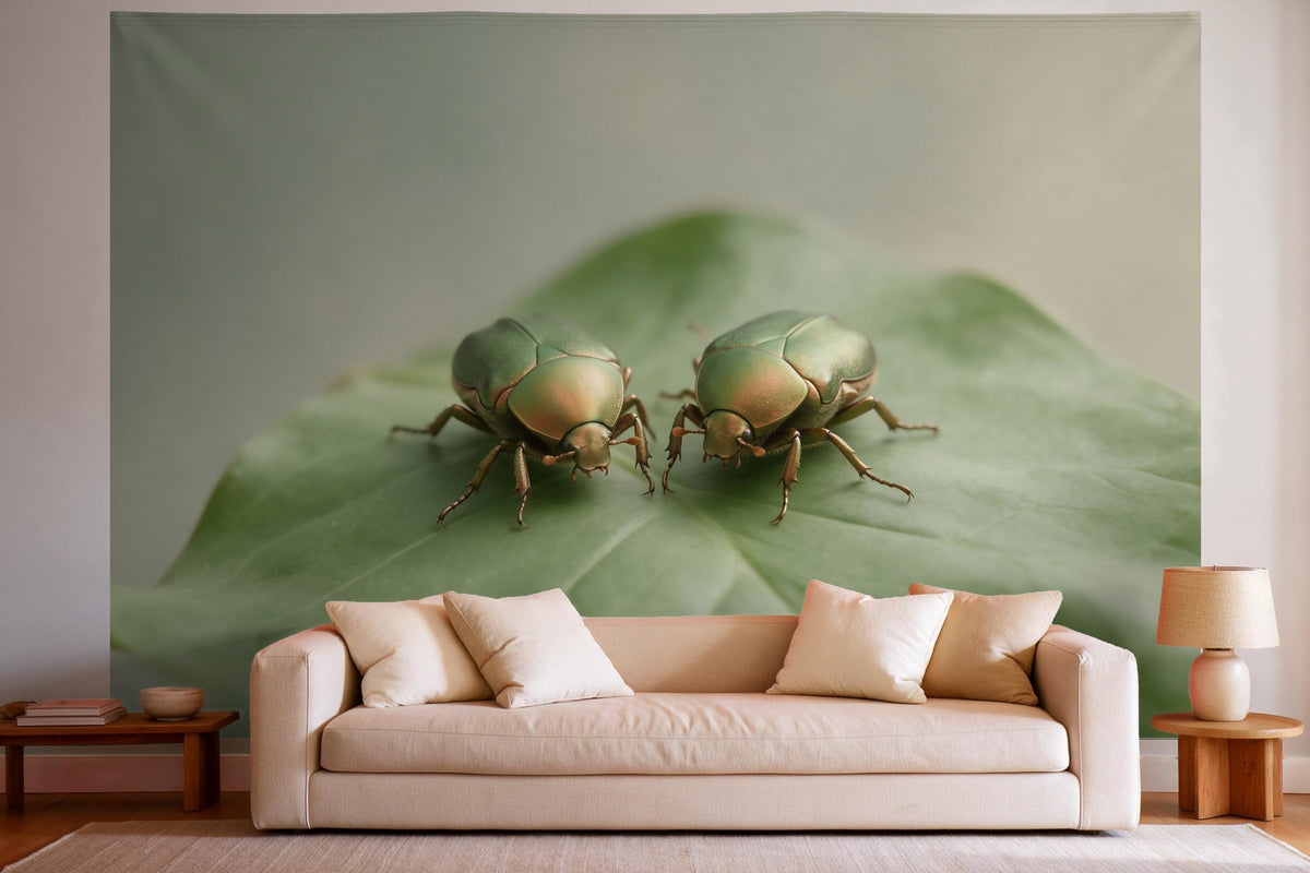 Wandtuch XXL Goldgrüne Käfer auf einem Blatt als Wanddeko im hellen Wohnzimmer über dem Sofa