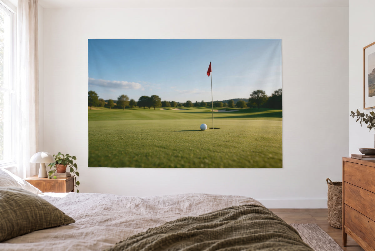 Wandtuch Golfball am Loch im hellen Schlafzimmer gegenüber dem Bett, rechts eine Holzkommode – Grün und Blau