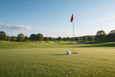 Weisser Golfball kurz vor dem Loch mit roter Fahne auf weitem Golfplatz, als Wandtuch, auf Stoff gedruckt – Grün und Blau