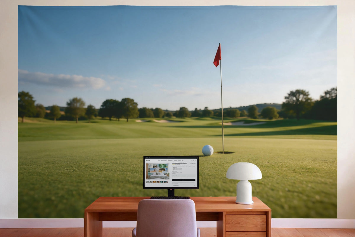 Decoración de pared en la oficina detrás del escritorio: tapiz de tela Pelota de golf junto al hoyo
